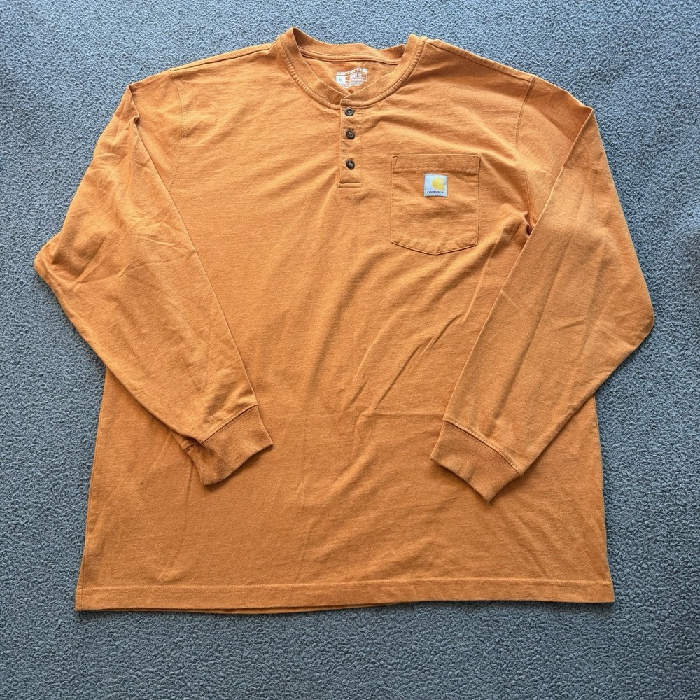 Carthartt Loose Fit Henley Long Sleeve Shirt Orange Pocket Logo Men's XL